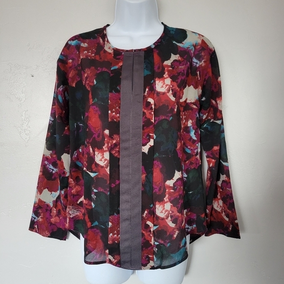 Simply Vera Wang Women's PS Small Petite Dark Floral Long Sleeve Blouse Keyhole - Picture 1 of 8